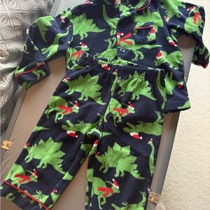 Baby GAP Dinosaur Christmas Pajama Set - Navy and Green with red&white accents.